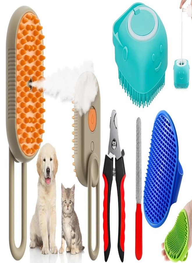 PET FUN PET FUN 4‑in‑1 Pet Grooming Set - Bath Brush Steam 3-in-1 Water Brush + Silicone Bath & Massage Tool + Adjustable Rubber Bath Scrubber + Ergonomic Nail Clippers - Suitable for Dogs & Cats - Image 1